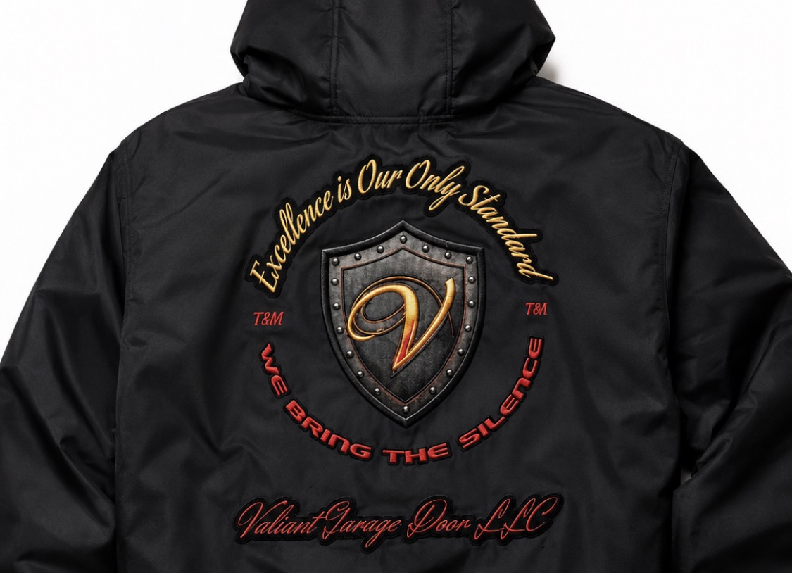 Signature hooded bomber, back view with embroidered crest